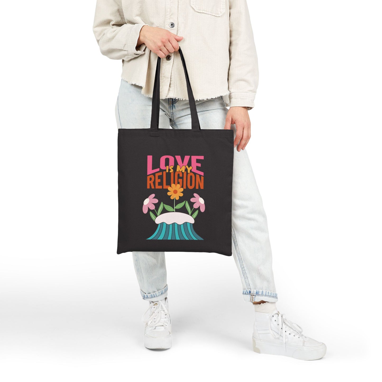 Love Is My Religion Cotton Tote — Floral Retro Canvas Bag