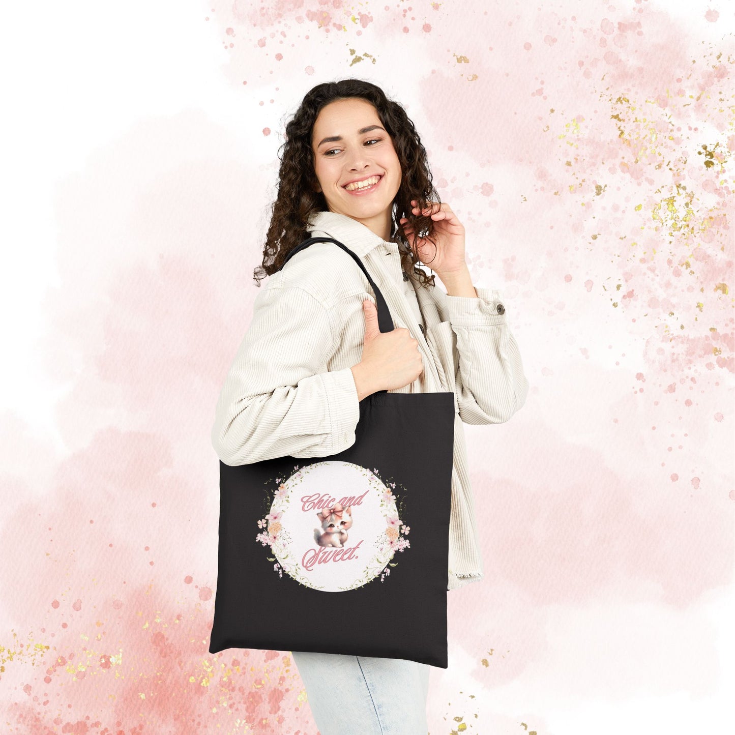 Chic & Sweet - Blushing Kitten Valentine Floral Wreath Tote Bag | Cute Kitten Animal Illustration