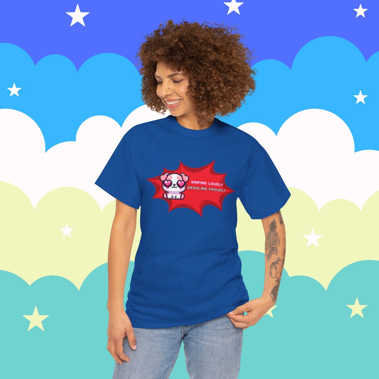 Kawaii Heart-Eyed "Simping Loudly, Drooling Proudly" Pink Bulldog T-Shirt