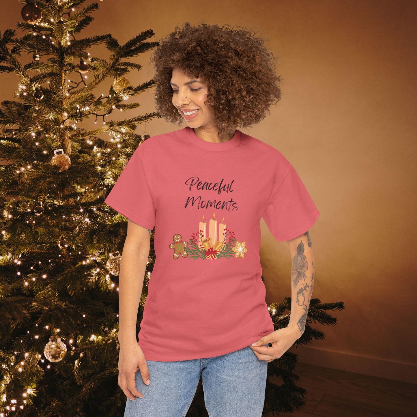 Peaceful Moments Tee — Holiday Candle & Floral Graphic T-Shirt, Cozy Christmas Aesthetic