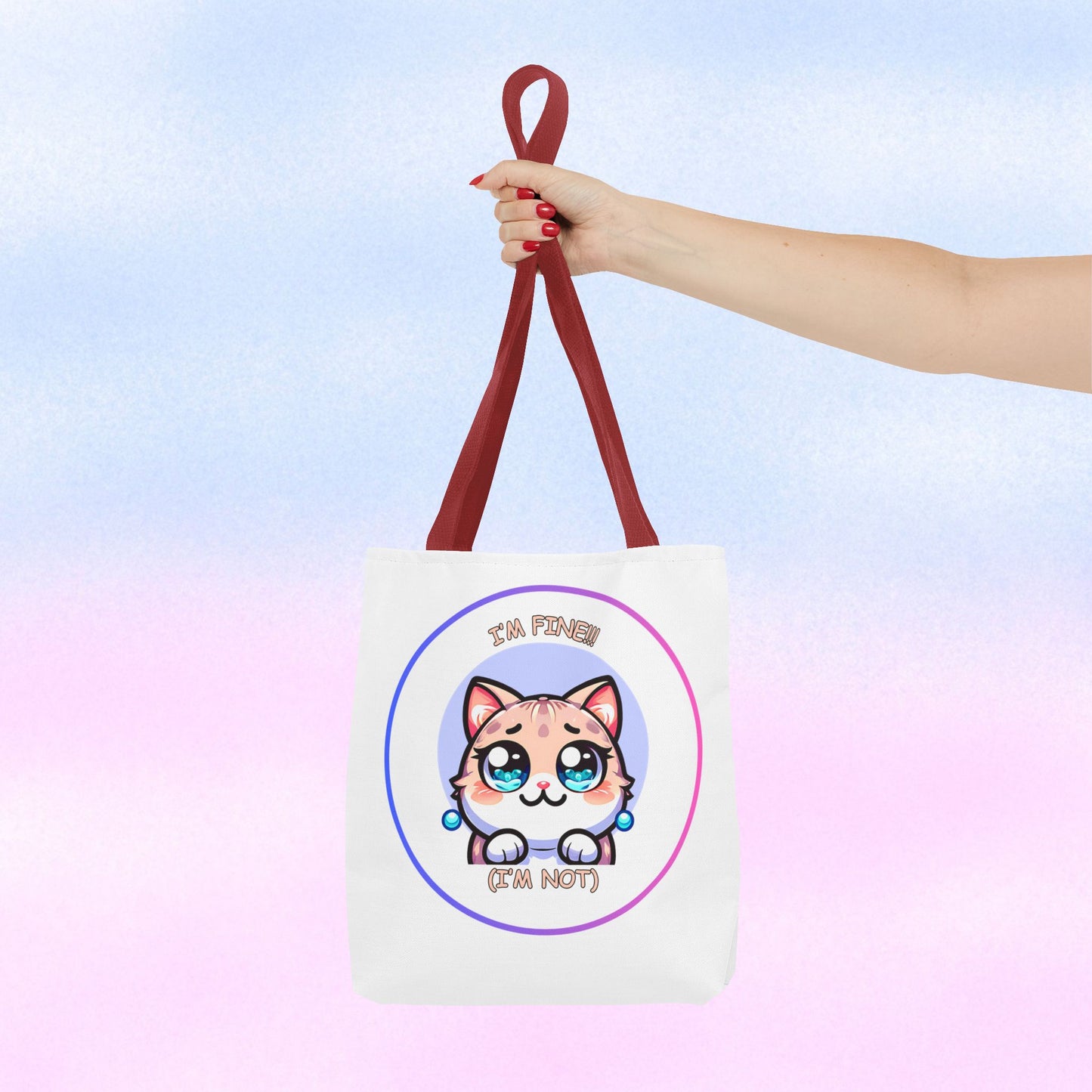 Cute Kawaii Cat Meltdown Emote Tote Bag — "I’m Fine(I'm Not)" Graphic Tote