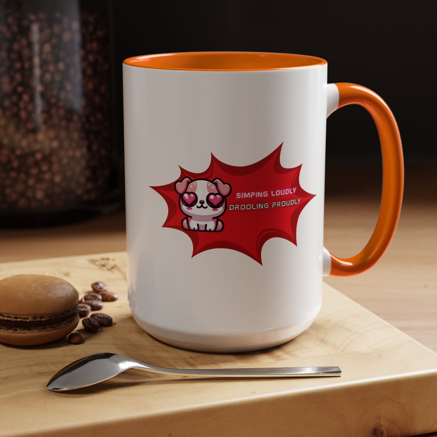 Cute Pink Bulldog Coffee Mug — “Simping Loudly, Drooling Proudly” Kawaii Heart-Eyed