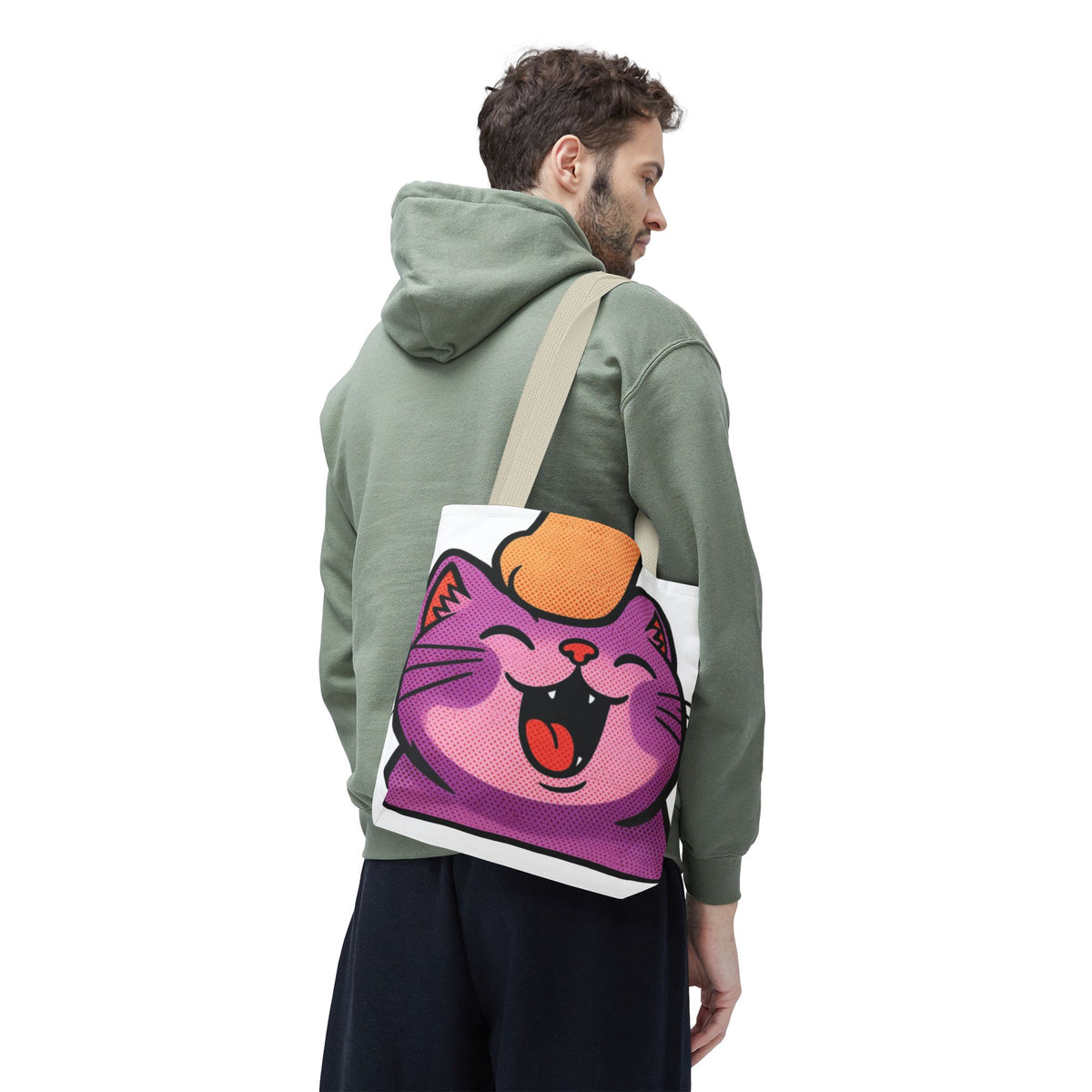 Happy Purple Cat Tote Bag — Cute Kawaii Cat Face AOP Tote