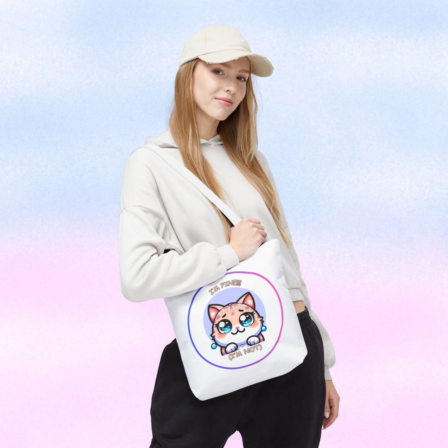 Cute Kawaii Cat Meltdown Emote Tote Bag — "I’m Fine(I'm Not)" Graphic Tote