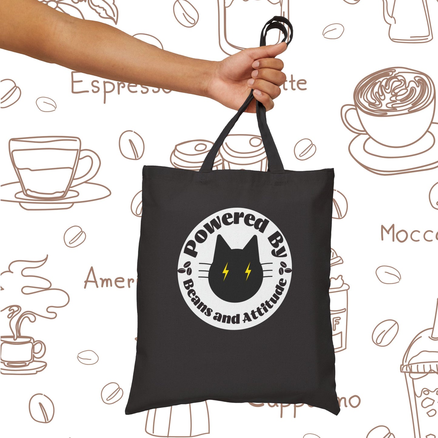 Powered By Beans and Attitude Tote Bag | Coffee Cat Illustration
