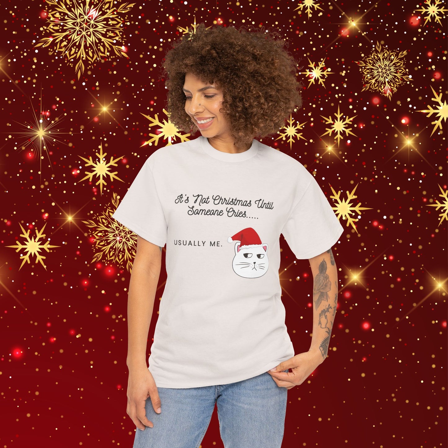 Grumpy Santa Cat Christmas Tee — "It's Not Christmas Until Someone Cries... Usually Me."
