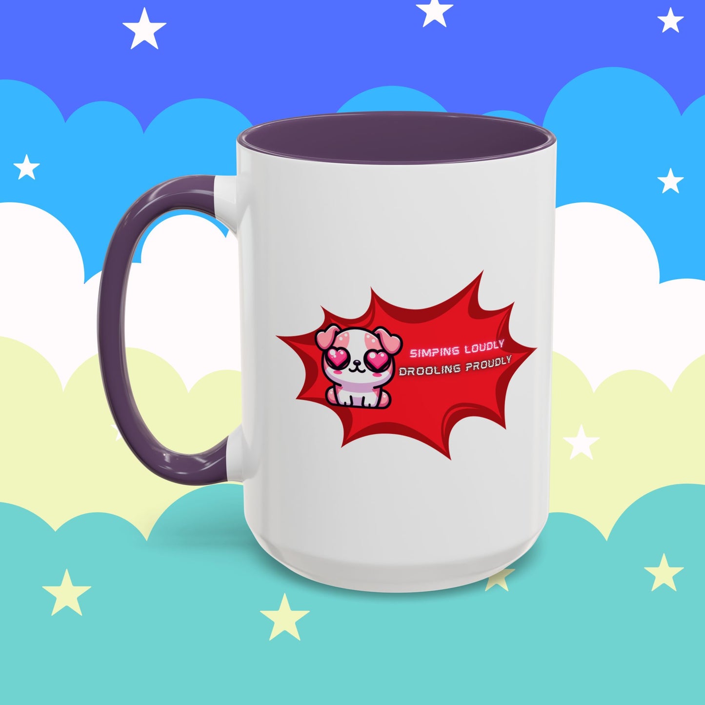 Cute Pink Bulldog Coffee Mug — “Simping Loudly, Drooling Proudly” Kawaii Heart-Eyed
