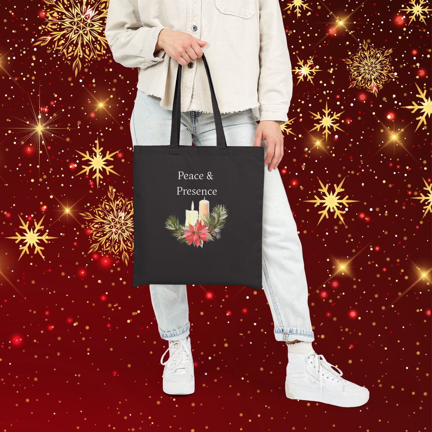 Tote Bag — "Peace & Presence" Holiday Candle Poinsettia Canvas Tote, Cozy Christmas Aesthetic