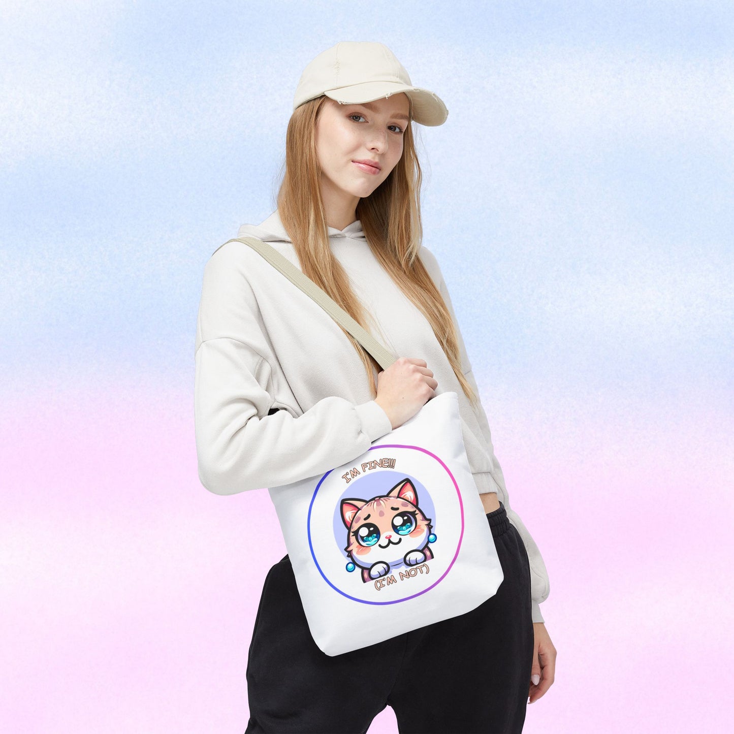 Cute Kawaii Cat Meltdown Emote Tote Bag — "I’m Fine(I'm Not)" Graphic Tote