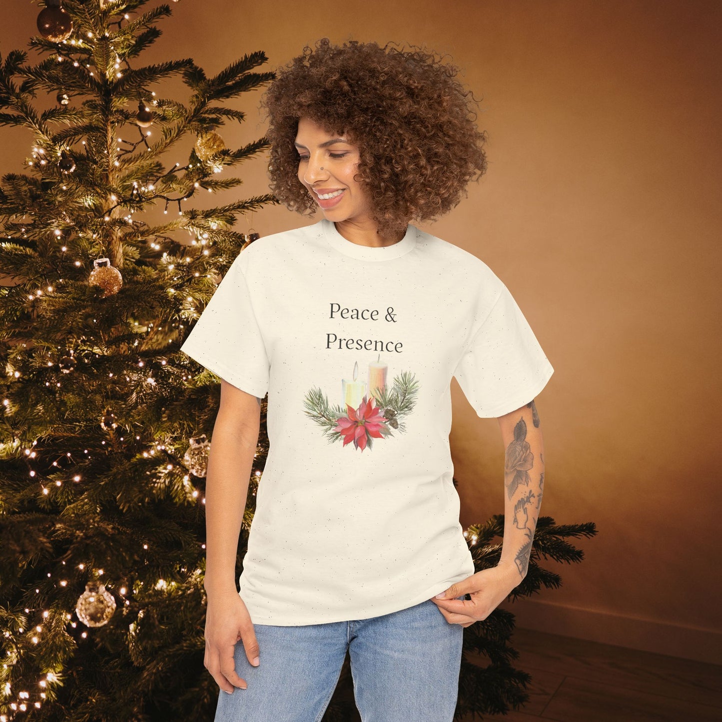 Peace & Presence Cozy Tee — Holiday Floral Christmas T‑Shirt, Cozy Christmas Aesthetic