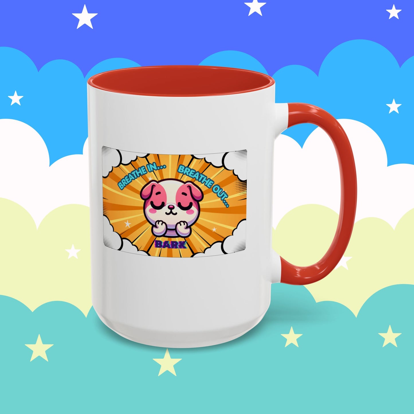 Stay Calm Pink Bulldog Kawaii Emote Coffee Mug — "Breathe In... Breathe Out... Bark"