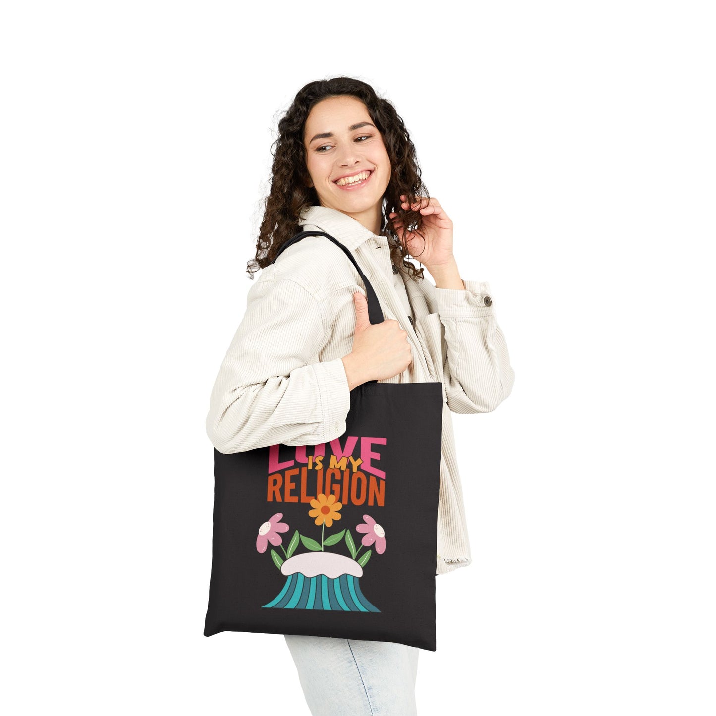 Love Is My Religion Cotton Tote — Floral Retro Canvas Bag