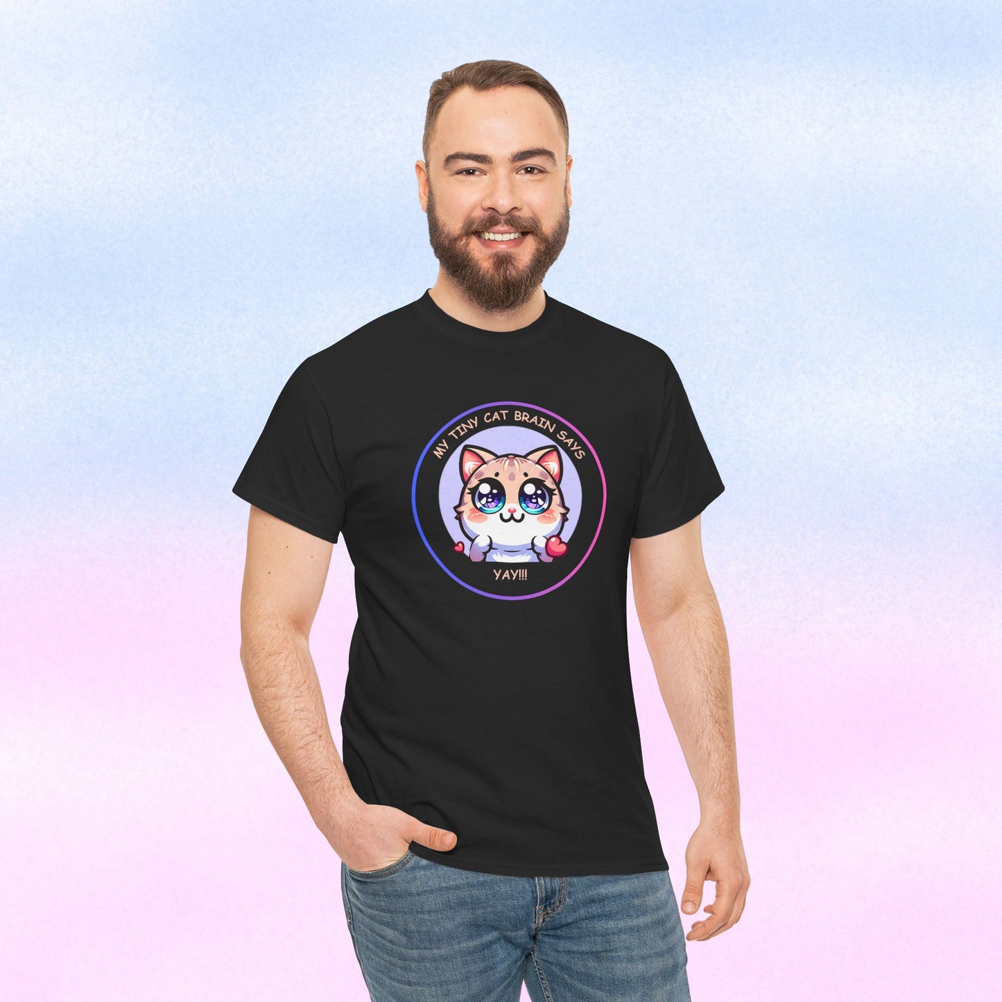 Kawaii Cat Mood Emote Tee — "My Tiny Cat Brain Says, Yay!"