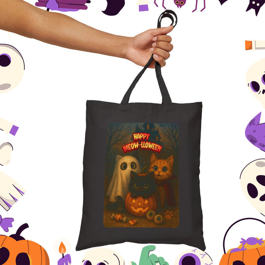 Halloween Cat-Themed Cotton Canvas Tote Bag, Eco-Friendly, Trick or Treat, Party Favor, Fall Decor, Stylish Reusable Bag