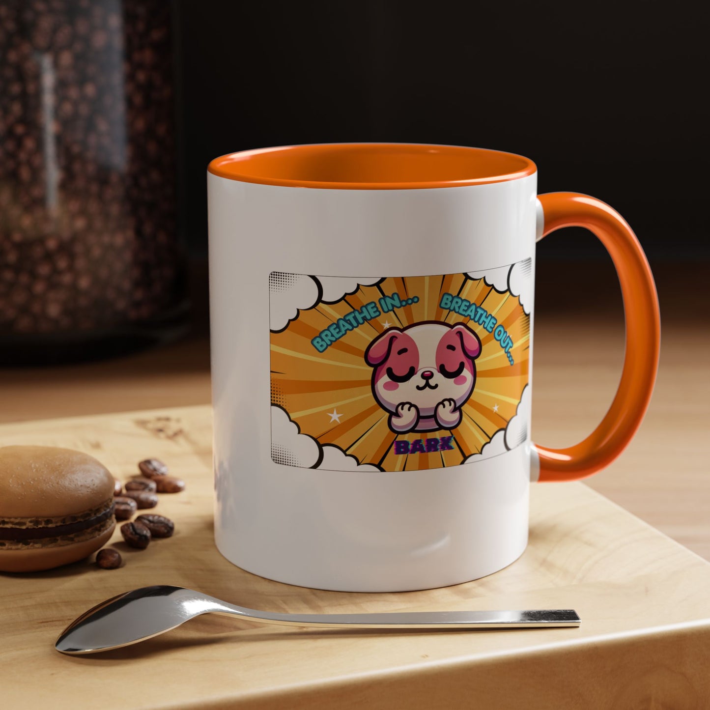 Stay Calm Pink Bulldog Kawaii Emote Coffee Mug — "Breathe In... Breathe Out... Bark"