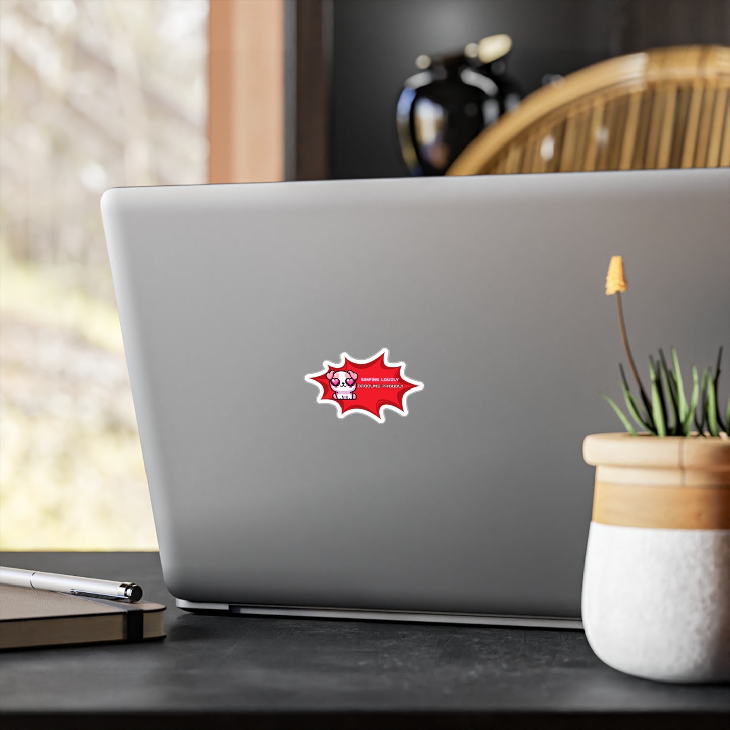 Kiss-Cut Vinyl Decal — Kawaii Heart-Eyed Pink Bulldog ‘Simping Loudly, Drooling Proudly’