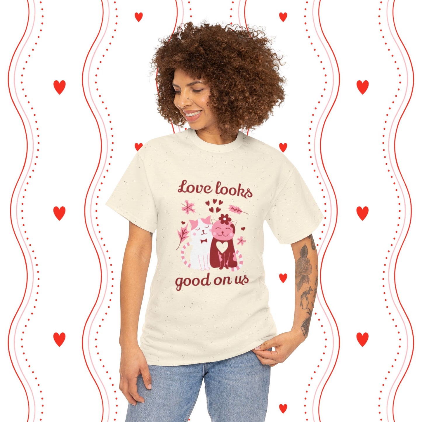 Love Looks Good On Us Tee — Romantic Cat Heart Valentine T-Shirt