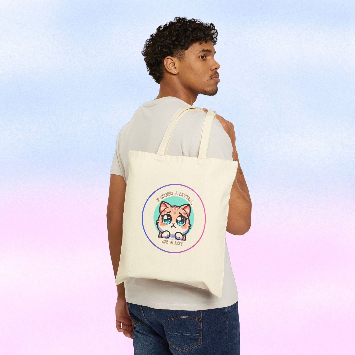 Cute Wide-Eyed Cat Illustration Tote Bag | "I Cried a Little... Ok a Lot"
