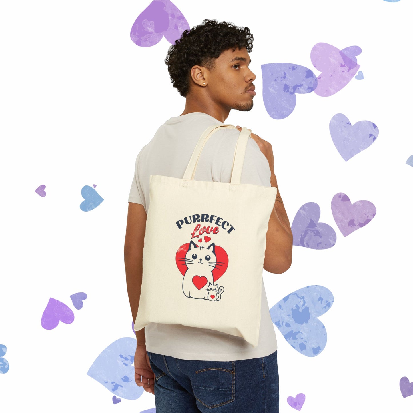 Purrfect Love Cat Tote Bag — Cute Heart Kitten Canvas Shopping Bag