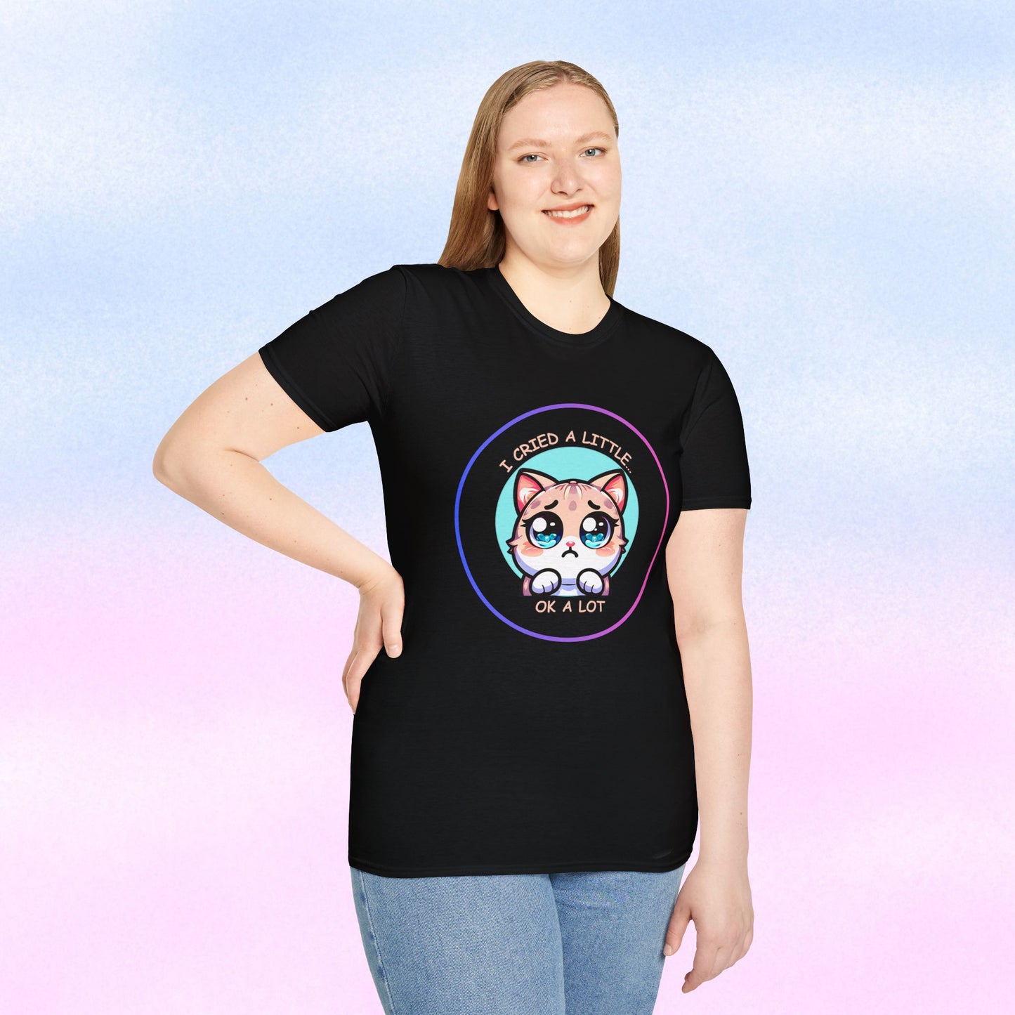 I Cried a Little.... OK a Lot - Sad Kawaii Cat Illustration T-Shirt | Cute Crying Kitty Graphic