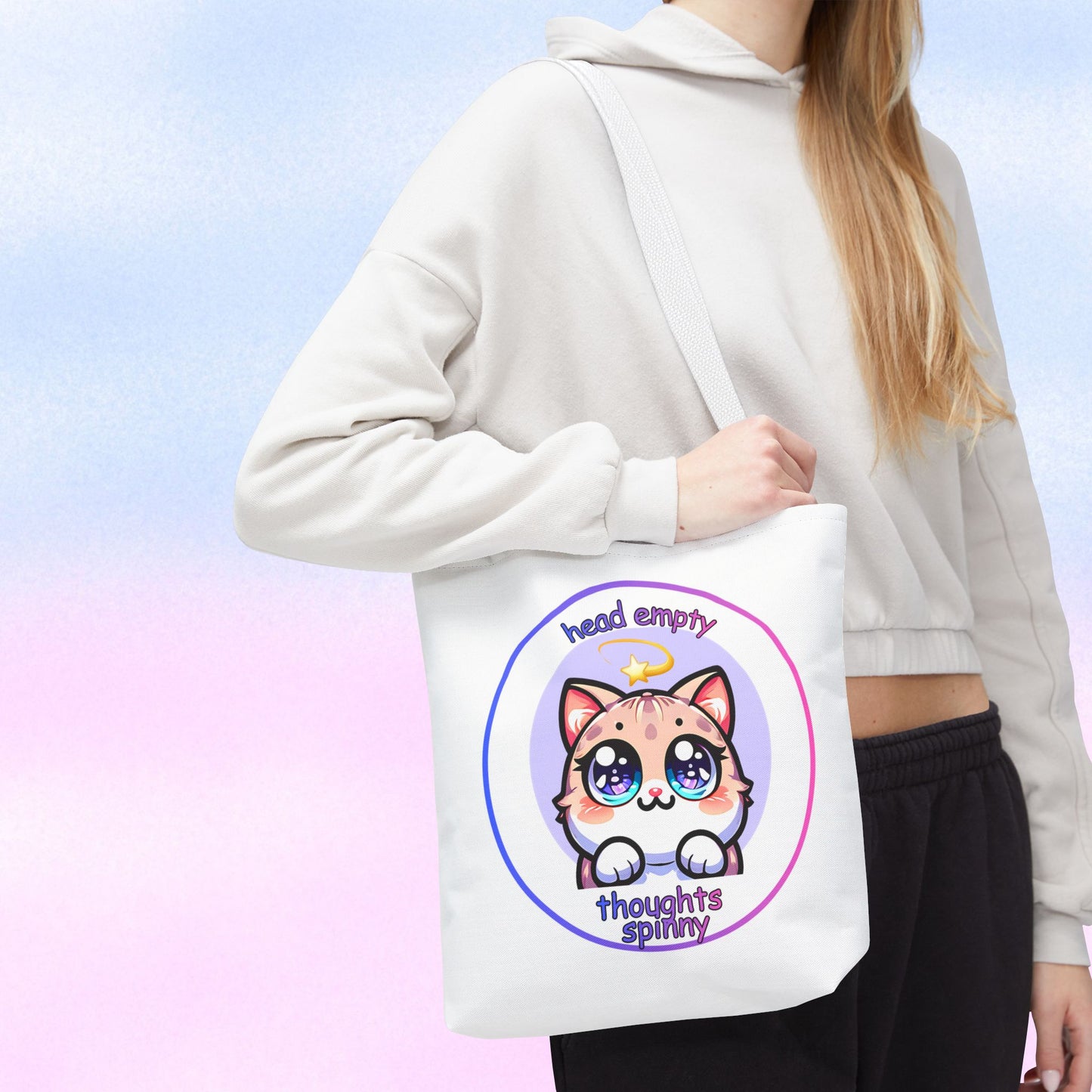 Cute Kawaii Dizzy Cat Tote Bag — "head empty. thoughts spinny."