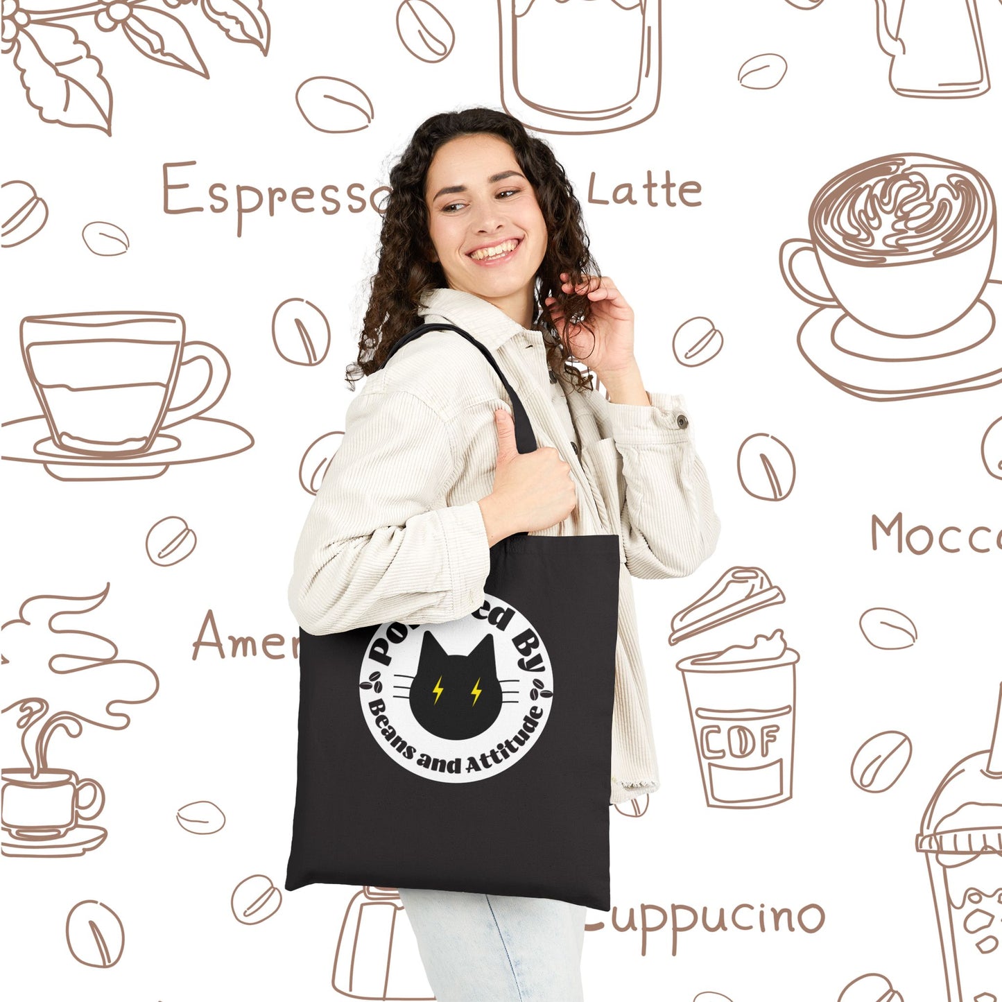 Powered By Beans and Attitude Tote Bag | Coffee Cat Illustration