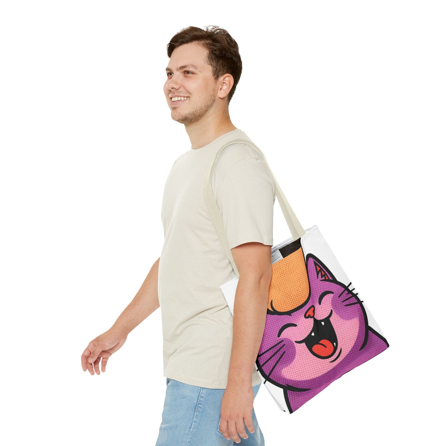 Happy Purple Cat Tote Bag — Cute Kawaii Cat Face AOP Tote