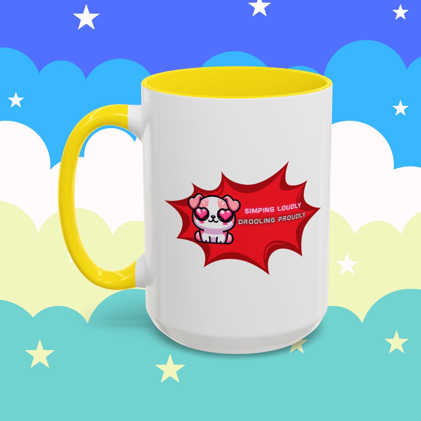 Cute Pink Bulldog Coffee Mug — “Simping Loudly, Drooling Proudly” Kawaii Heart-Eyed