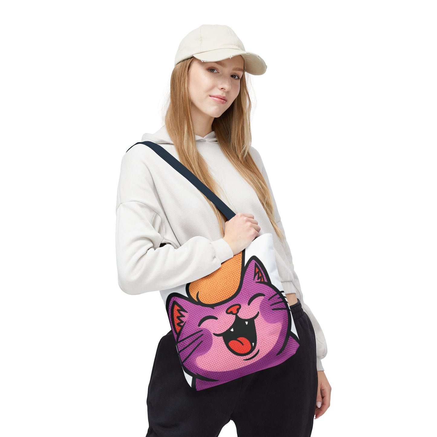 Happy Purple Cat Tote Bag — Cute Kawaii Cat Face AOP Tote