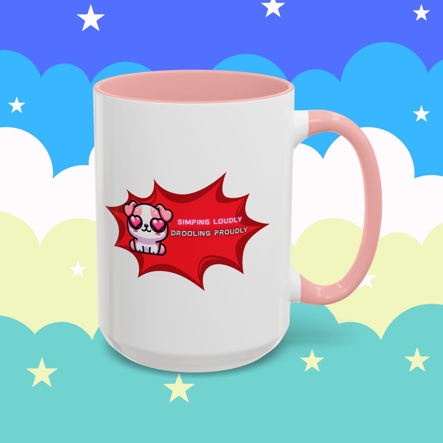 Cute Pink Bulldog Coffee Mug — “Simping Loudly, Drooling Proudly” Kawaii Heart-Eyed