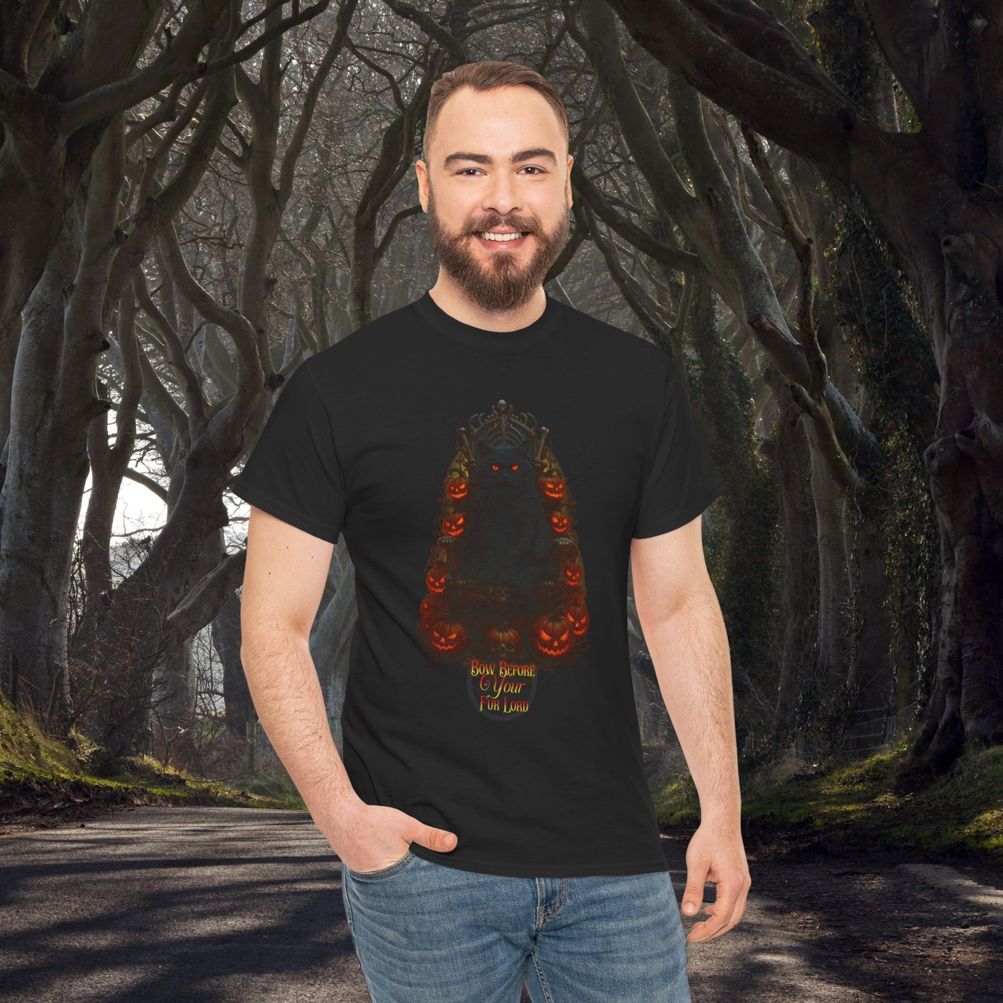 Bow Before Your Fur Lord - Spooky Autumn Tee, Witchy T-Shirt, Halloween Shirt, Festive Cotton Apparel, Unisex Graphic Tee