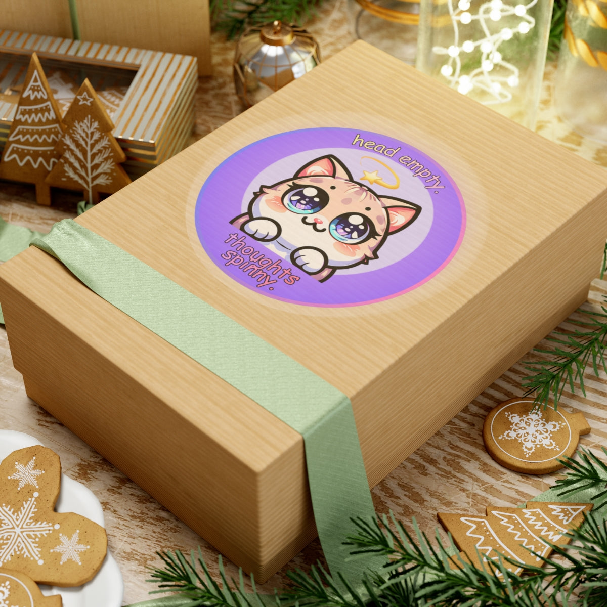 Kawaii Cat Sticker — "Head Empty, Thoughts Spinny" Round Kiss-Cut Vinyl Sticker