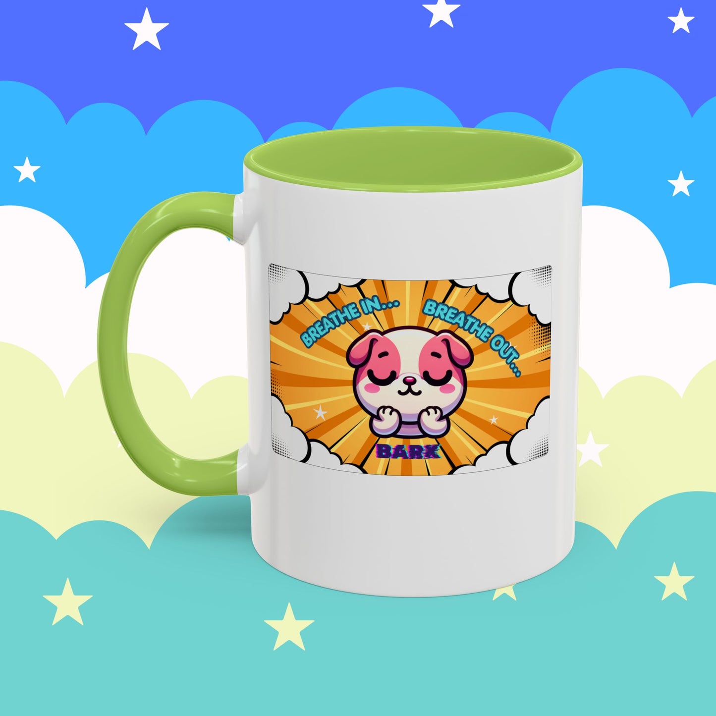 Stay Calm Pink Bulldog Kawaii Emote Coffee Mug — "Breathe In... Breathe Out... Bark"