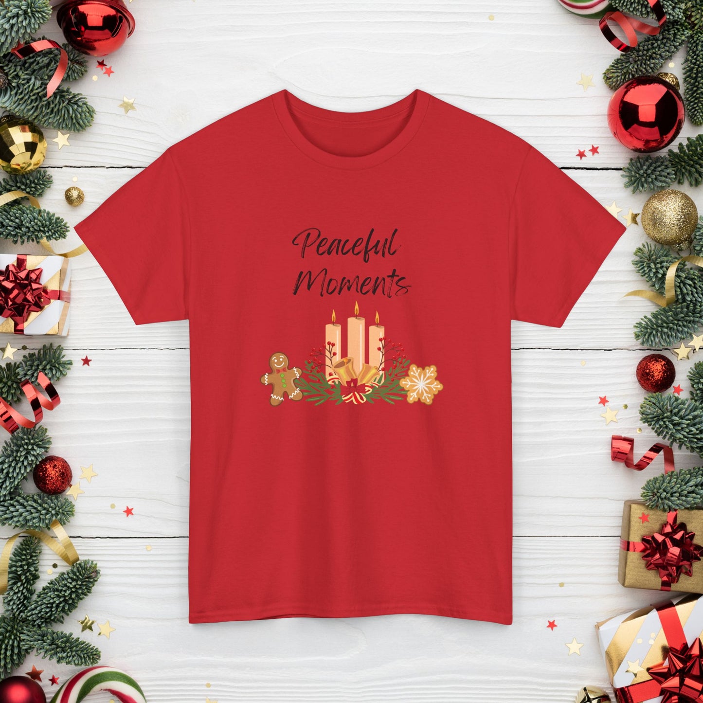 Peaceful Moments Tee — Holiday Candle & Floral Graphic T-Shirt, Cozy Christmas Aesthetic