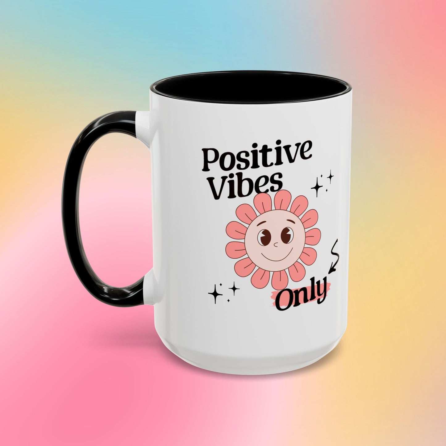 Retro Smiling Pink Flower Accent Coffee Mug — "Positive Vibes Only"