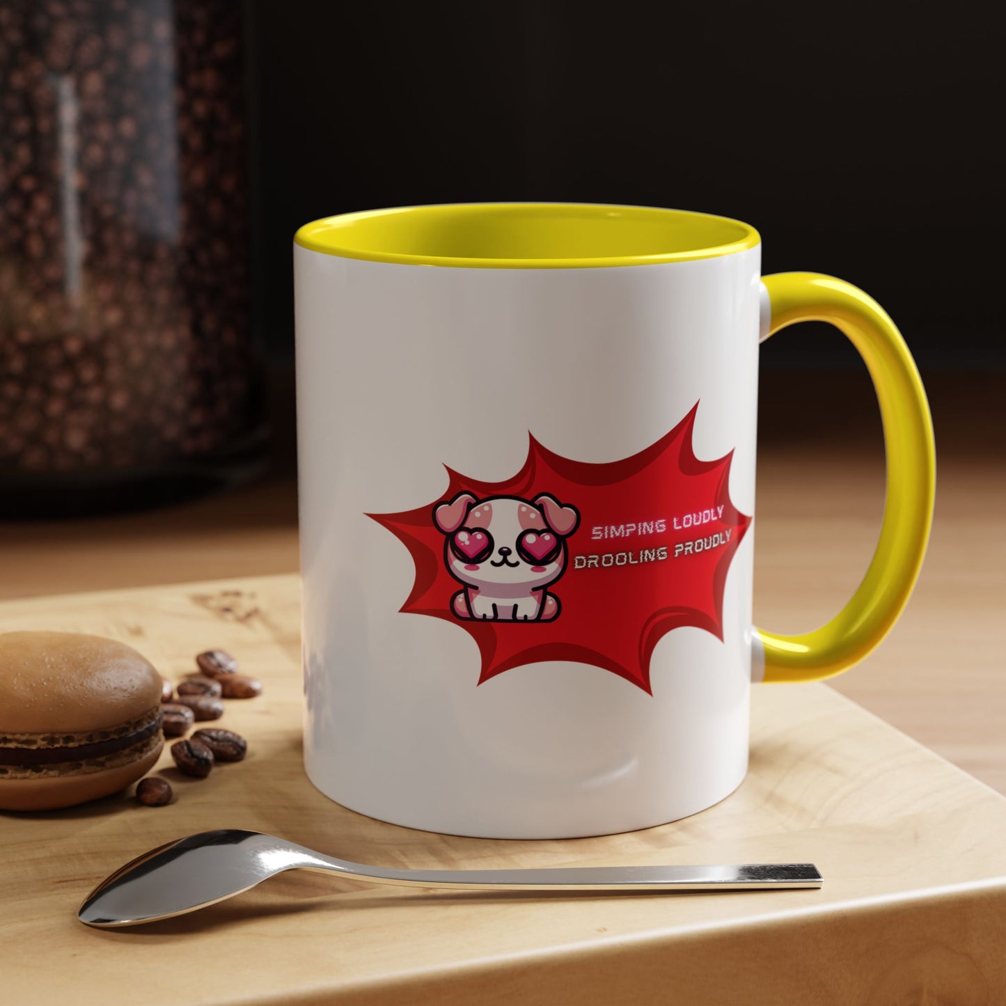 Cute Pink Bulldog Coffee Mug — “Simping Loudly, Drooling Proudly” Kawaii Heart-Eyed
