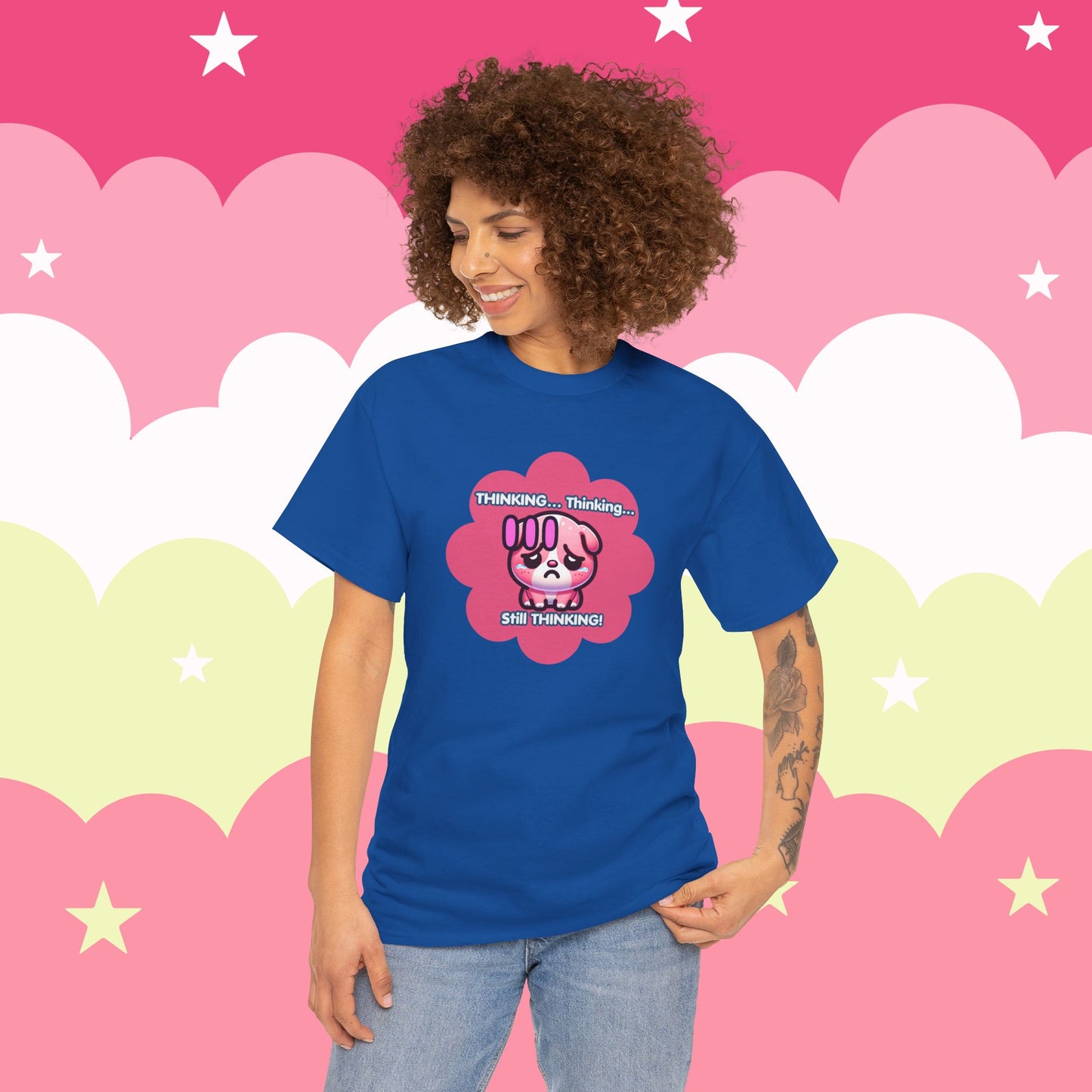 Contemplating Pink Bulldog Emote "Thinking... Still Thinking!" MoodT-Shirt