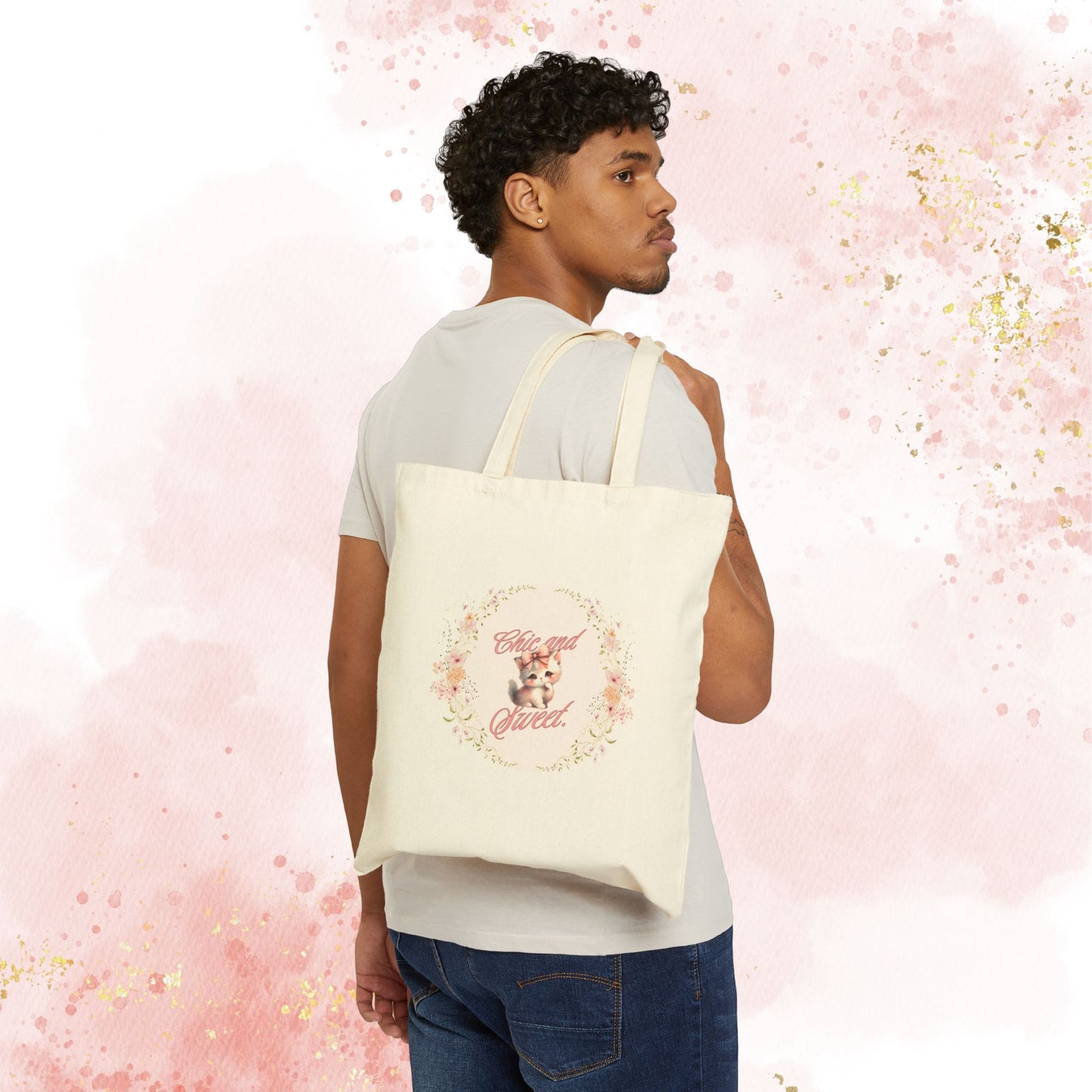 Chic & Sweet - Blushing Kitten Valentine Floral Wreath Tote Bag | Cute Kitten Animal Illustration