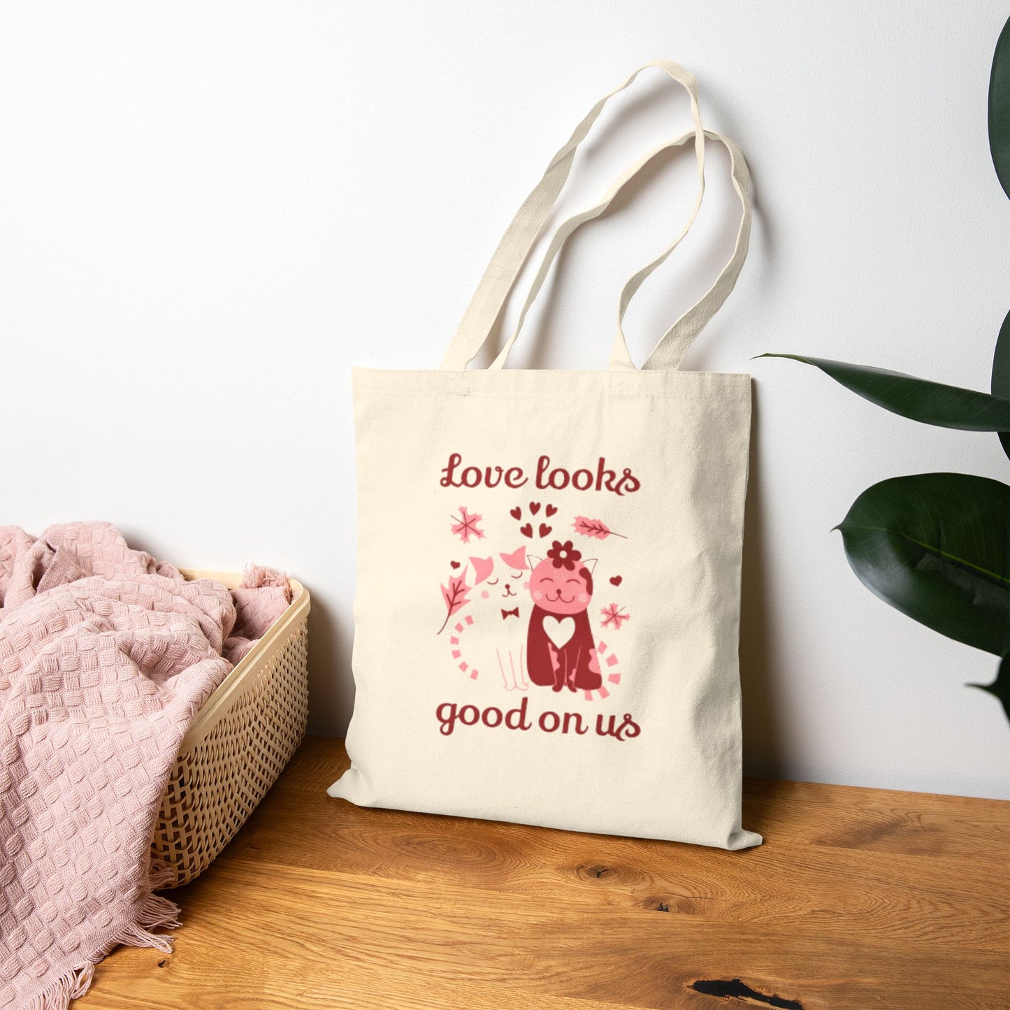 Love Looks Good On Us Tote Bag — Cute Cat & Heart Canvas Shopper