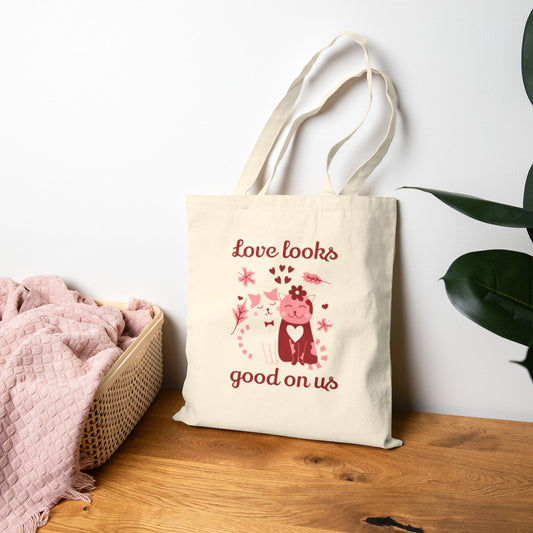 Love Looks Good On Us Tote Bag — Cute Cat & Heart Canvas Shopper