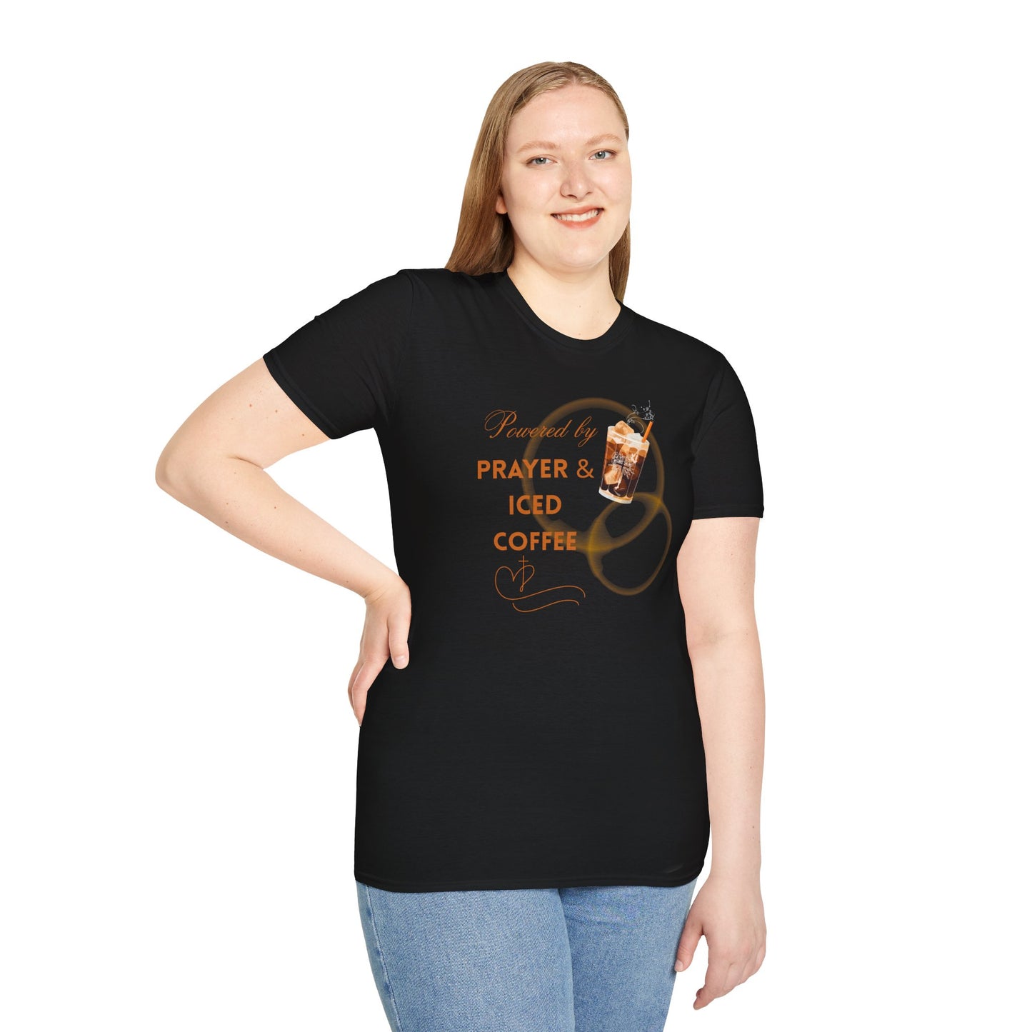 Fueled by Faith & Caffeine - "Powered by Prayer & Iced Coffee" Christian Tee - Perfect Gift for Baristas, Birthdays, and Summer Days