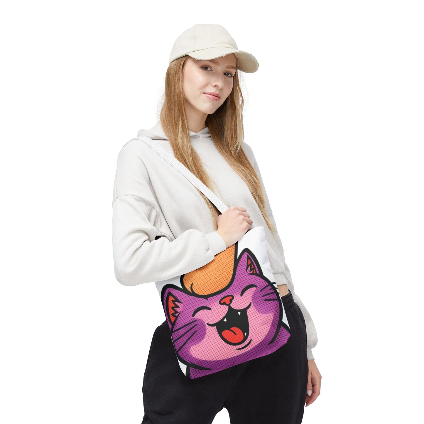 Happy Purple Cat Tote Bag — Cute Kawaii Cat Face AOP Tote