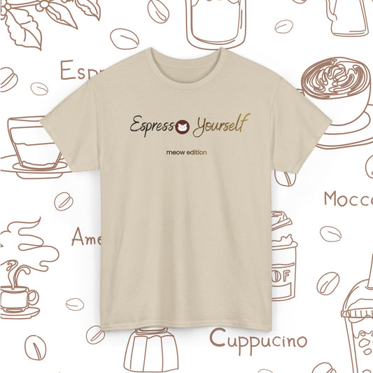 "Espresso Yourself Meow Edition" Coffee Cat T-Shirt — Minimalist Tee, Baristas Gift, Espresso Lovers