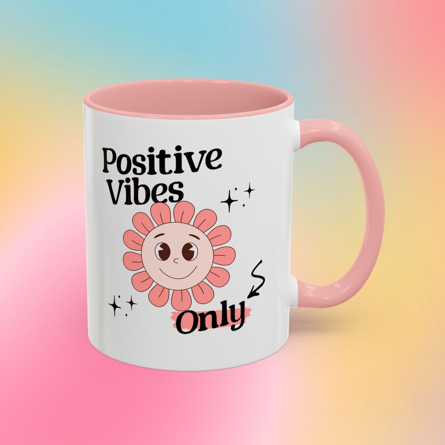 Retro Smiling Pink Flower Accent Coffee Mug — "Positive Vibes Only"
