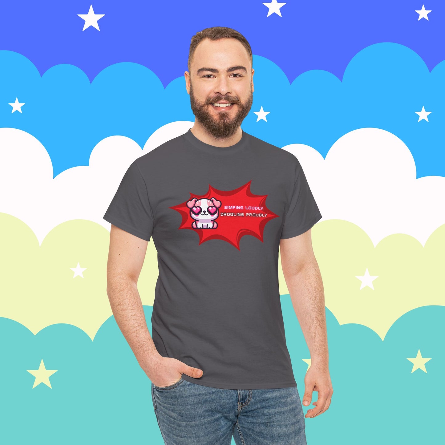 Kawaii Heart-Eyed "Simping Loudly, Drooling Proudly" Pink Bulldog T-Shirt