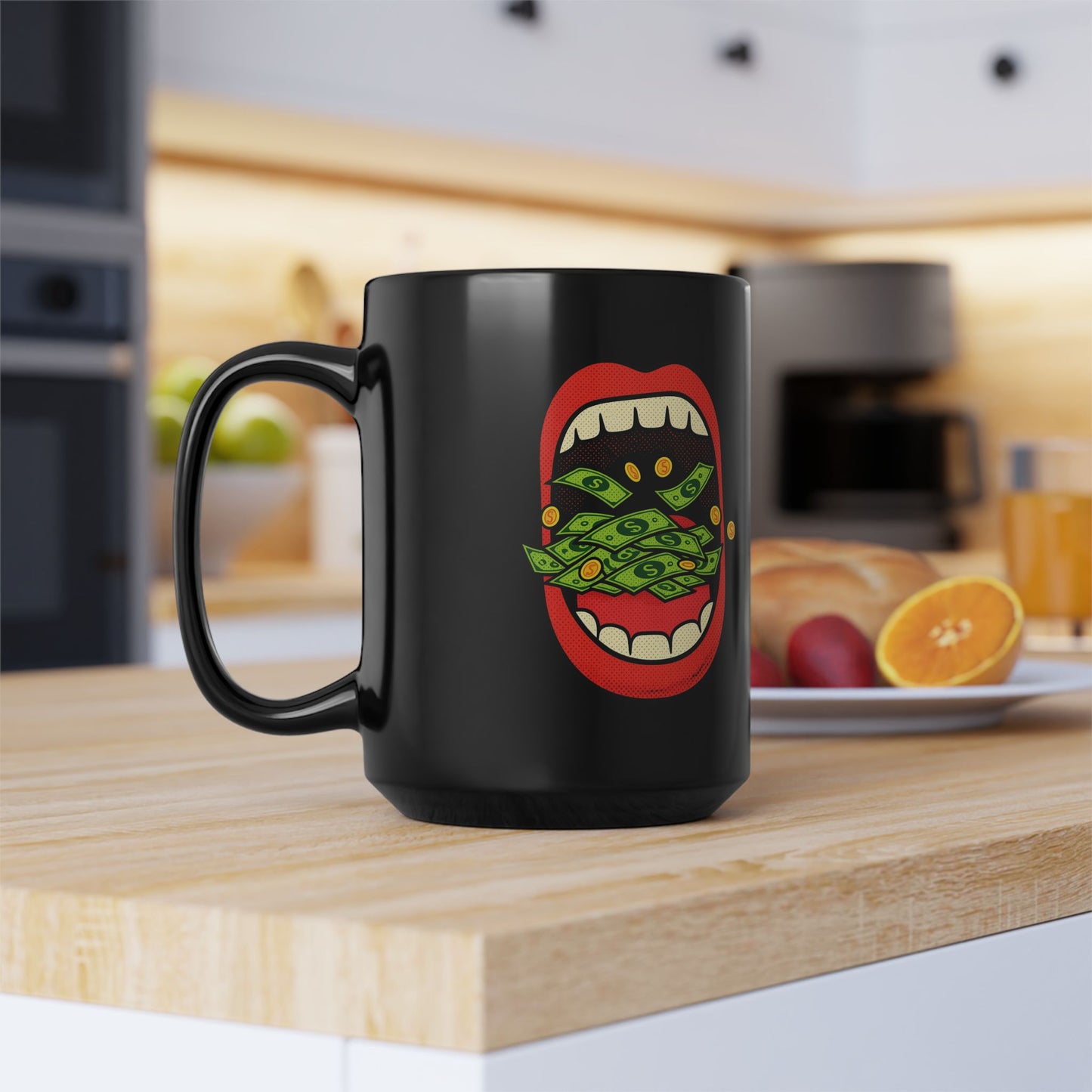 Money Mouth Mug — "Eating Prosperity" Black Coffee Cup with Cash-Throwing Lips (11oz, 15oz)