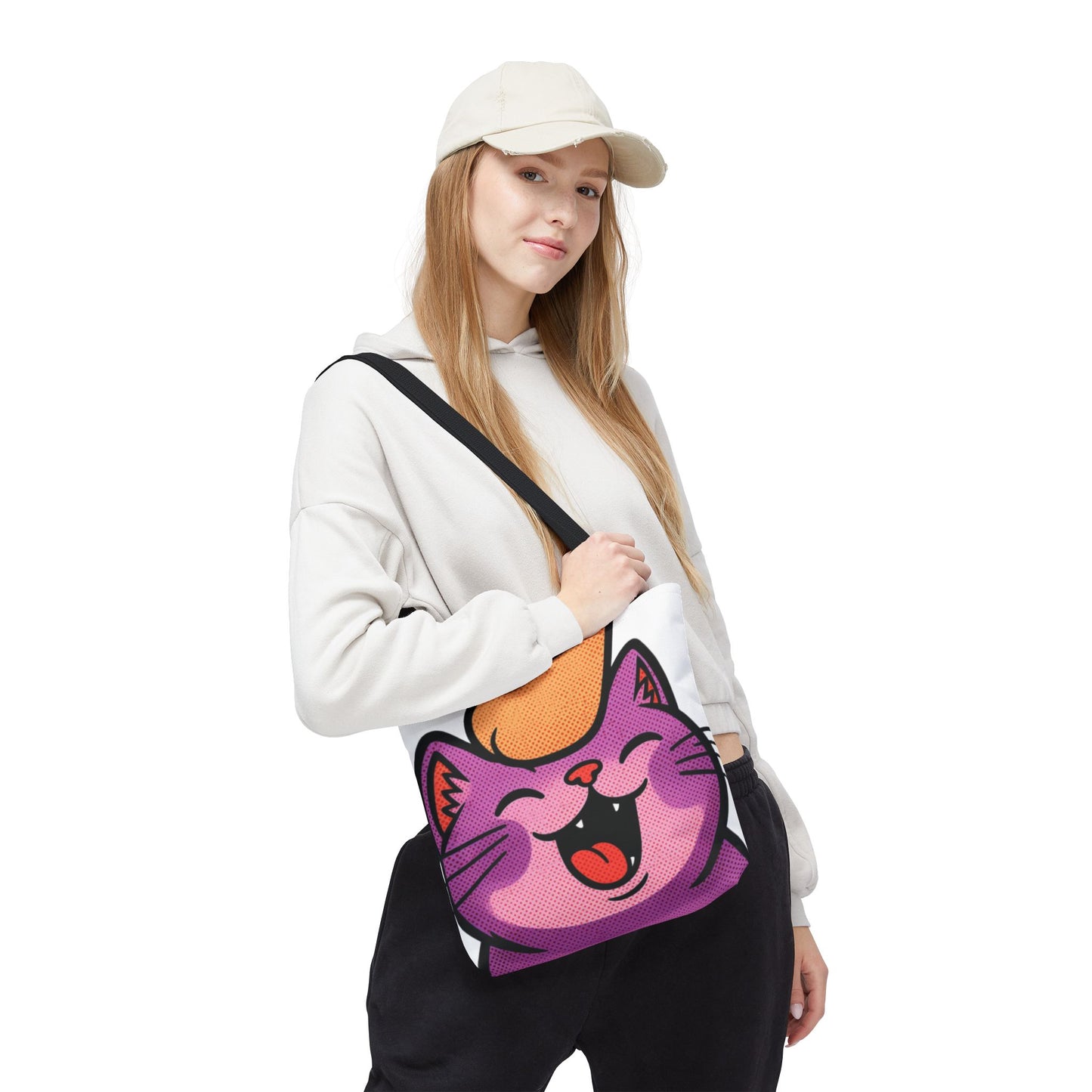 Happy Purple Cat Tote Bag — Cute Kawaii Cat Face AOP Tote