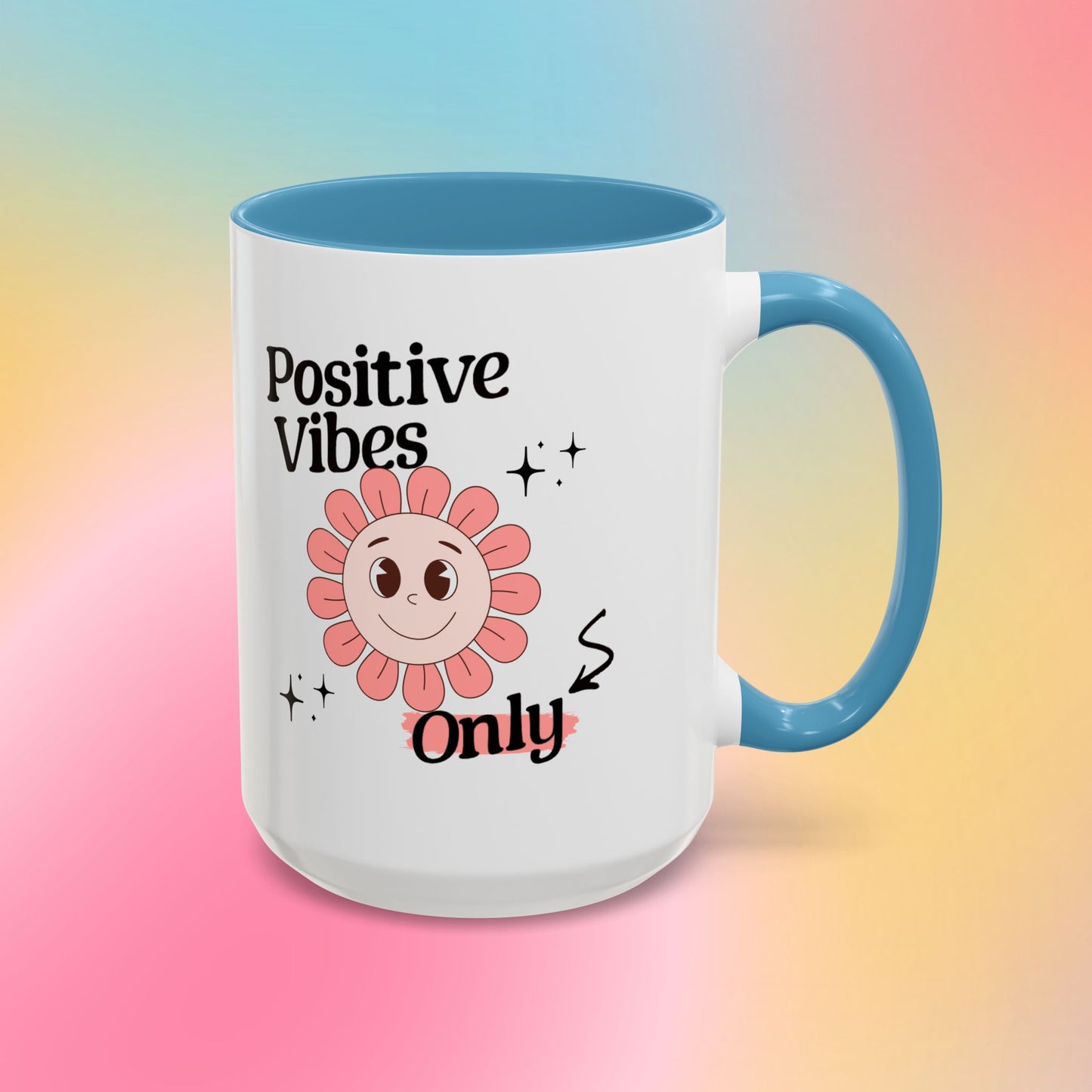 Retro Smiling Pink Flower Accent Coffee Mug — "Positive Vibes Only"