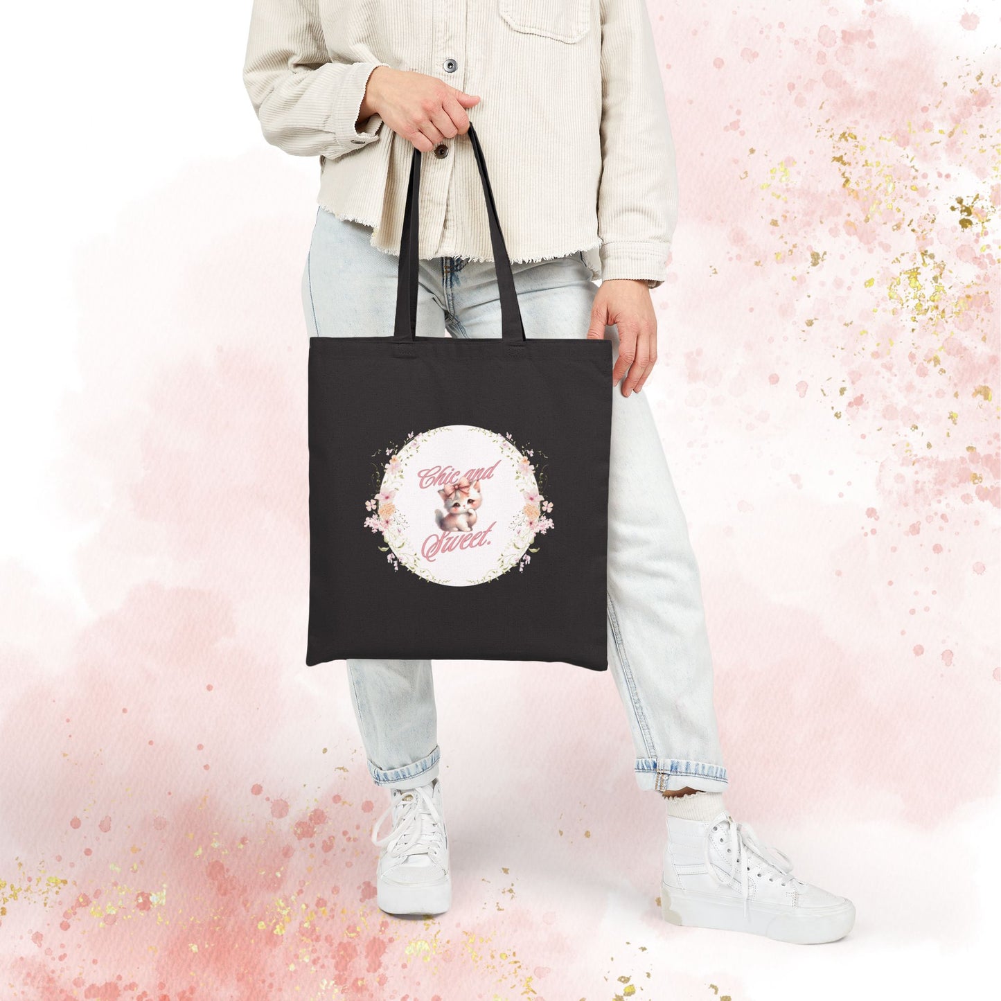 Chic & Sweet - Blushing Kitten Valentine Floral Wreath Tote Bag | Cute Kitten Animal Illustration