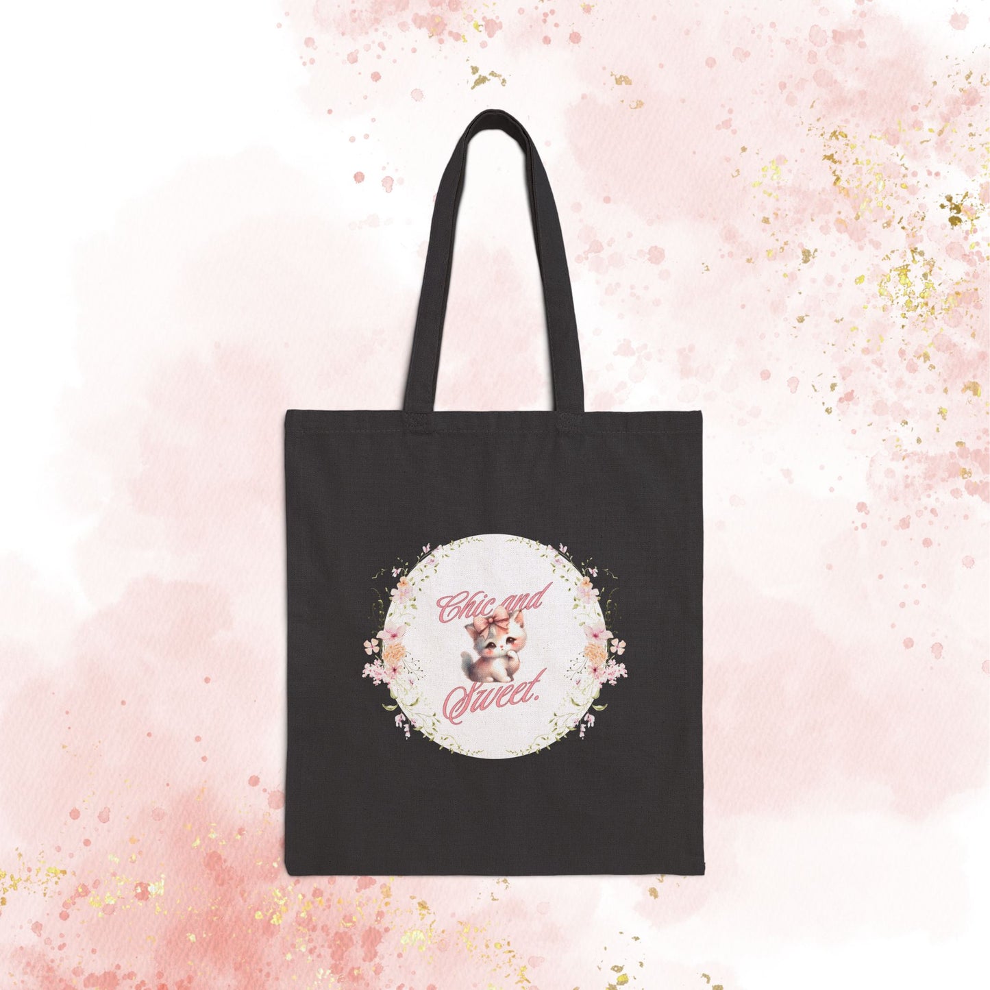 Chic & Sweet - Blushing Kitten Valentine Floral Wreath Tote Bag | Cute Kitten Animal Illustration